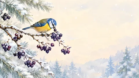 Blue Bird Picking Berries