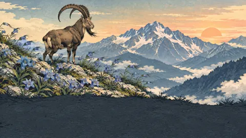 Alpine Ibex Above Gentians