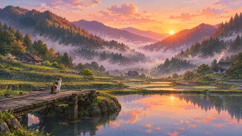 Calico Cat Above Rice Terraces