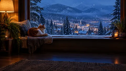 Cat Watching Snowy Mountain Town