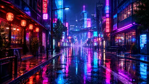 Neon Street With Overhead Train
