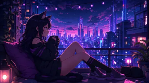 Catgirl With Black Cat at Night