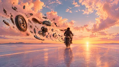 Motorcyclist on Sunset Salt Flat