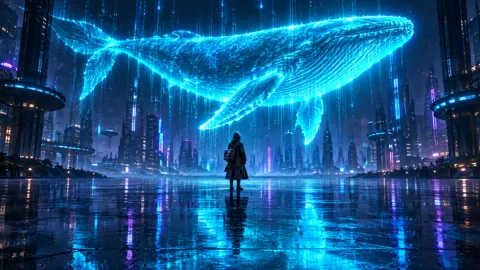 Hooded Courier Beneath Holographic Whale