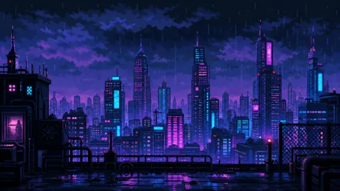 Rainy Pixel Cyberpunk Rooftop