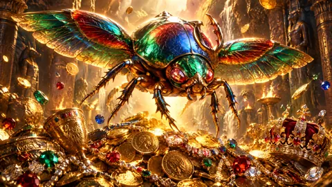 Iridescent Scarab Above Treasure Hoard