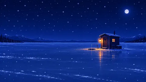 Ice Fishing Hut at Night