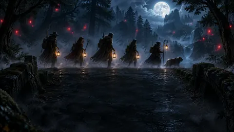 Lantern Bearers on Moonlit Bridge