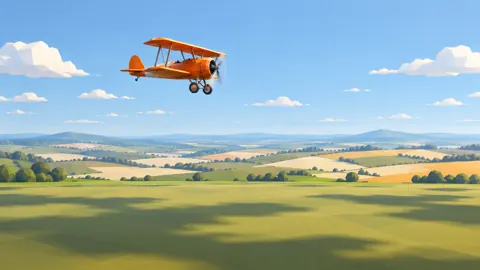 Orange Biplane Over Farmland