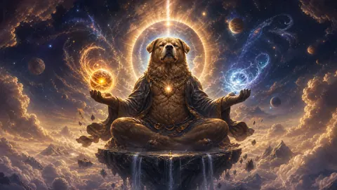 Dog Bear Deity With Cosmic Orbs