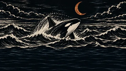 Orca Breaching Under Copper Moon