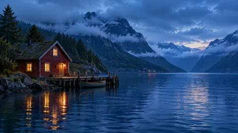 Red Boathouse on Nordic Fjord