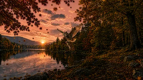 Owl Carrying Weasel at Sunset