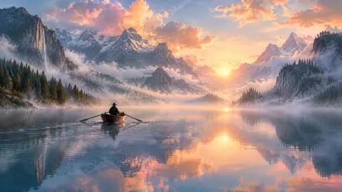 Traveler Rowing Alpine Lake at Dawn