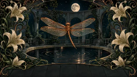 Copper Dragonfly Over Moonlit Pool