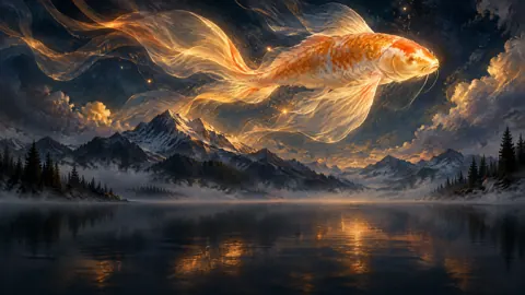 Glowing Koi Over Mountain Lake