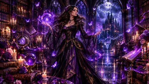 Sorceress Conjuring Orb in Gothic Library