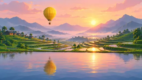 Yellow Balloon Over Rice Terraces