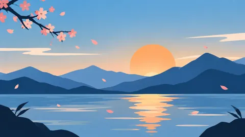 Cherry Blossoms Over Blue Lake