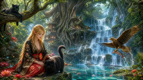 Elf Maiden With Black Cats