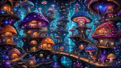 Mushroom Village With Waterfalls