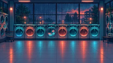 Neon Laundromat at Night