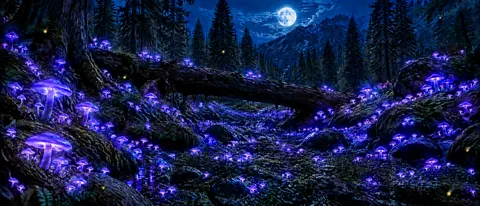 Moonlit Forest With Violet Mushrooms