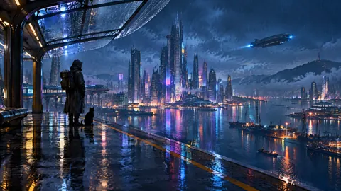 Courier and Cat Above Neon Harbor