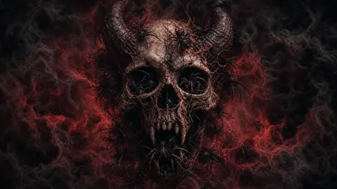 Horned Demon Skull With Spiders