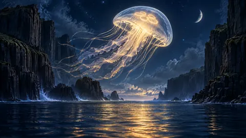 Glowing Jellyfish Above Basalt Cliffs