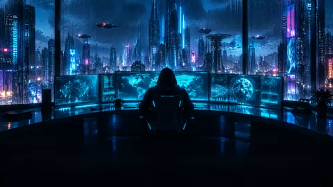 Hooded Analyst in Neon City