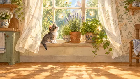 Kitten Watching Moths on Windowsill