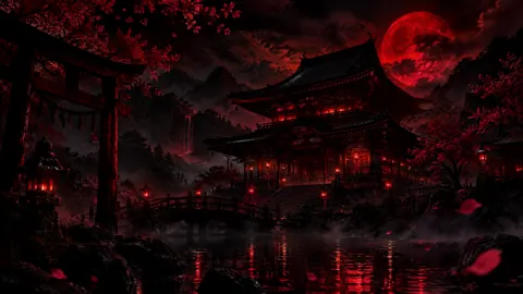 Japanese Temple Under Red Moon
