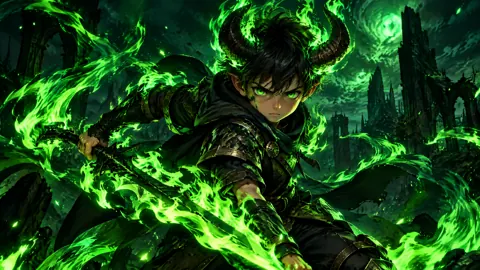 Horned Warrior in Green Flames