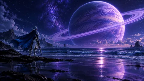 Armored Guardian Beneath Ringed Planet