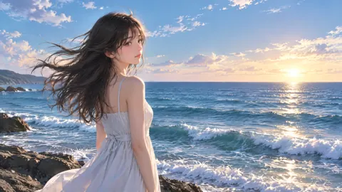 Woman in White Sundress by Sea