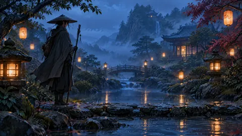Cloaked Traveler by Temple Stream
