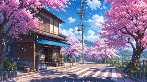Japanese Street With Cherry Blossoms