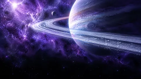 Ringed Planet in Violet Nebula