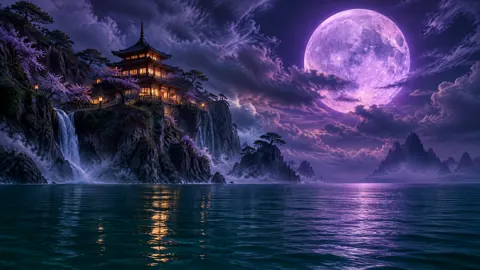 Cliffside Pagoda Under Violet Moon