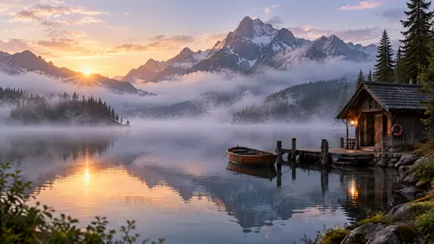 Sunrise Boathouse Mountain Lake