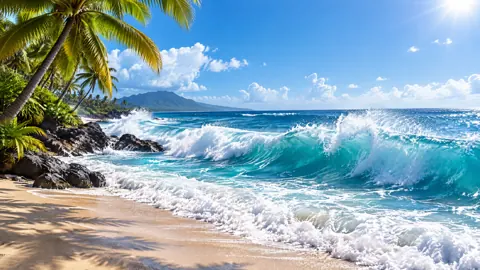 Tropical Beach With Black Rocks