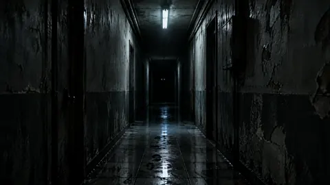 Glowing Eyes in Decaying Corridor