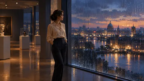 Museum Curator Watching Rainy Skyline