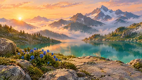 Gentians by Emerald Alpine Lake