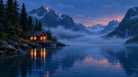 Red Boathouse by Nordic Fjord