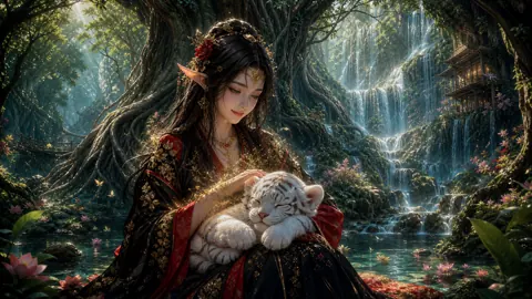Elf Maiden With Tiger Cub