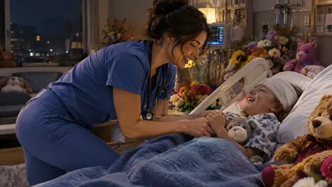 Nurse Entertaining Bandaged Child