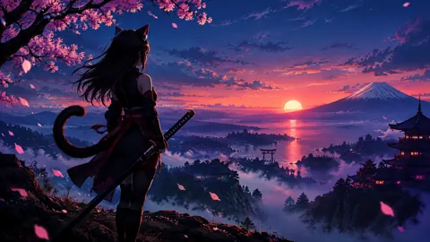 Catgirl Samurai Under Cherry Blossoms