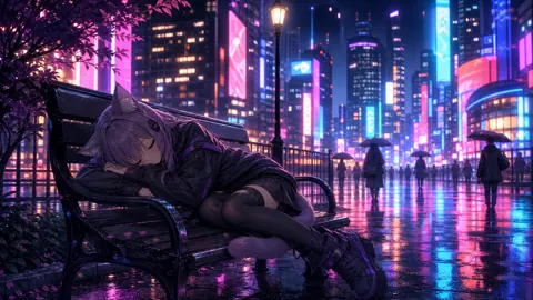 Catgirl Sleeping on Neon Bench